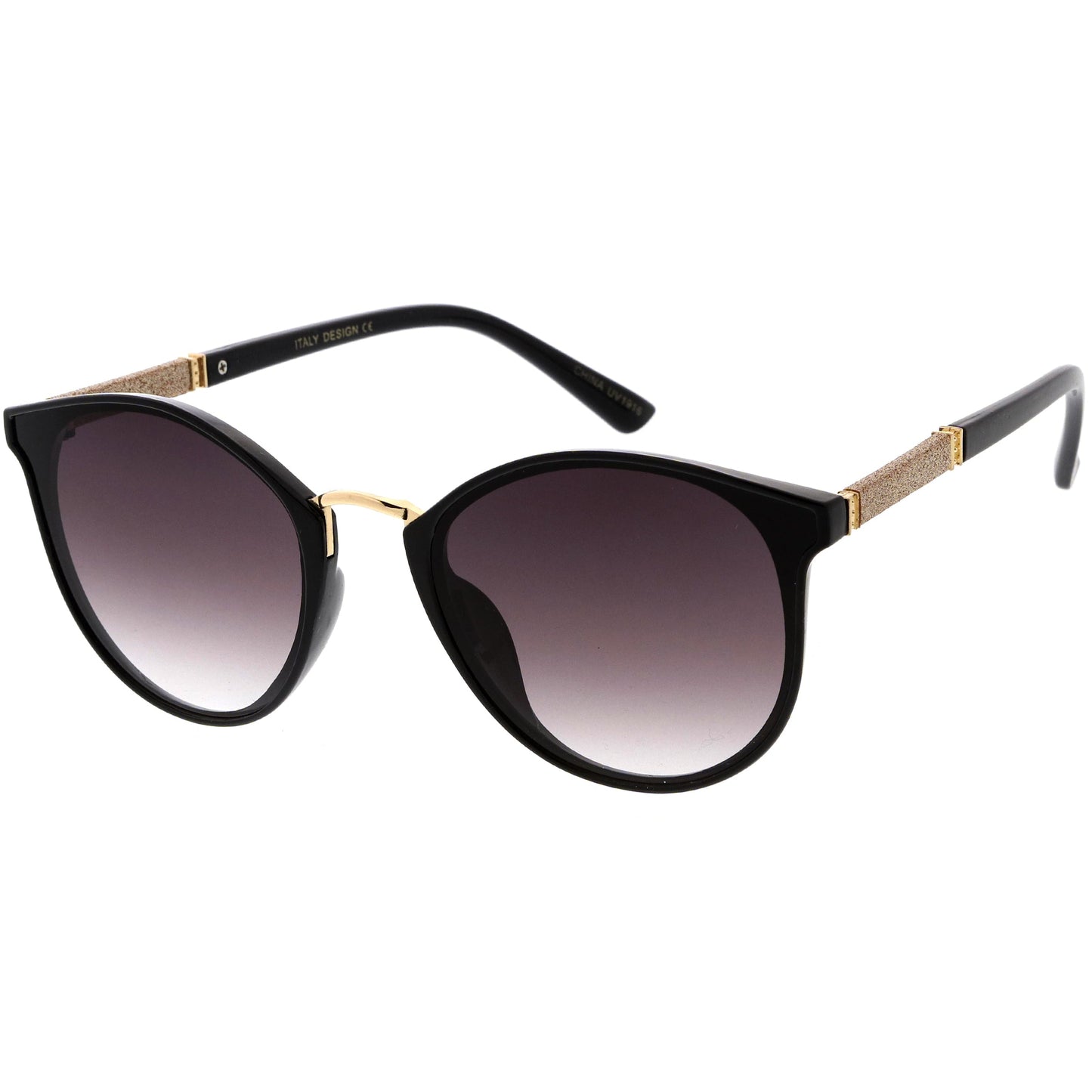 Flirty Two-Tone Glitter Arms Accent Chic Cat Eye P3 Round Sunglasses D037